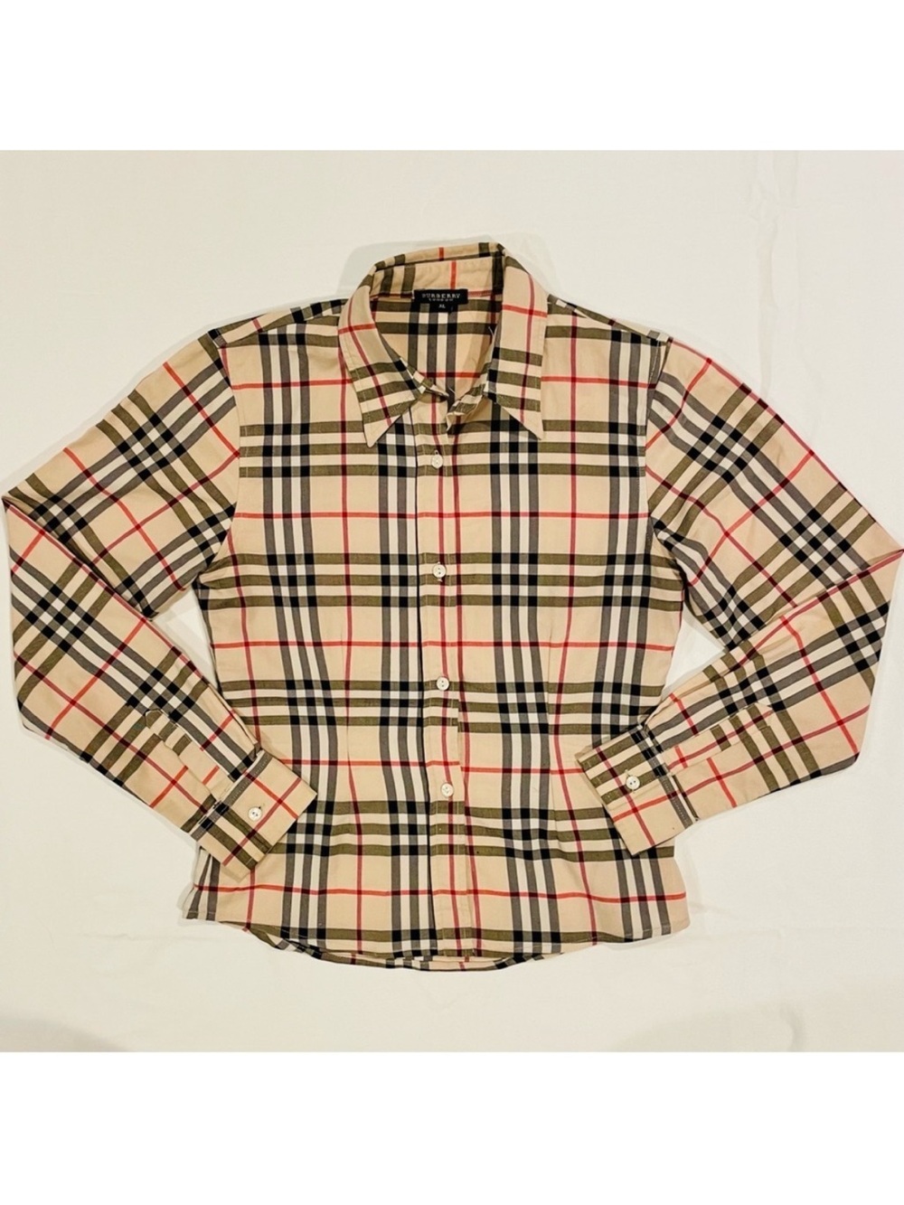 Burberry Vintage Check Shirt Girls XL Archive Beige Button Down Round Hem Fitted